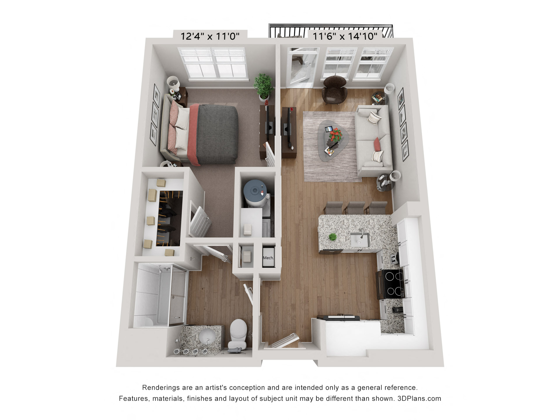 Floor plan for 1 bed, 1 bath, 615 sqft